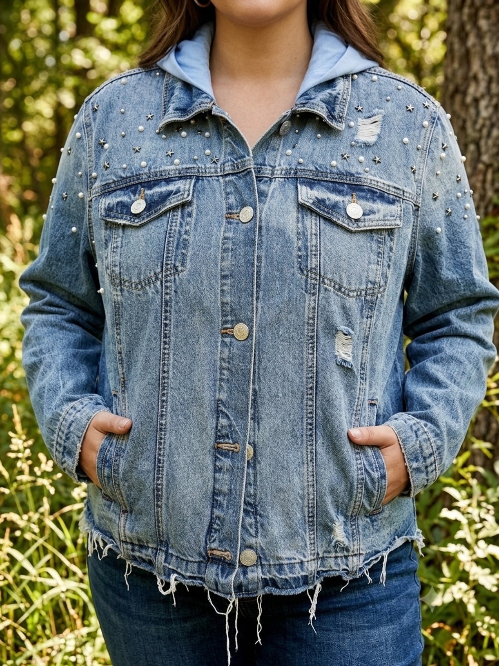 Studded Light Blue Denim Jacket with Hood
